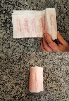 two photos of someones hand holding a roll of toilet paper on top of a granite countertop