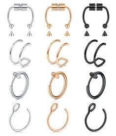 six pairs of earrings with different shapes and sizes, all in gold, silver, or black