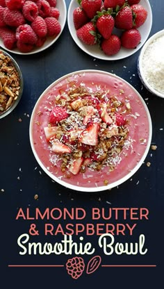 there is a bowl of strawberries and granola on the table with other bowls