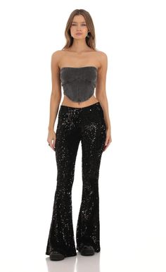 Reign Velvet Sequin Pants in Black Sequin Flare Pants, Wide Leg Pants Jeans, Upf Clothing, Black Leggings Outfit, Sequin Pants, Casual Day Dresses, Straight Dress, Date Night Dresses, Fabulous Dresses