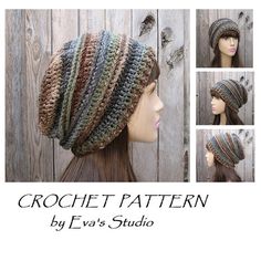 the crochet hat is made from yarn and has multiple colors on it, including brown