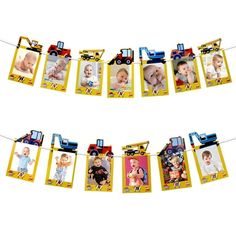 a banner with pictures of babies hanging from it's sides and trucks on the side