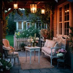 a porch with chairs, table and flowers on the patio at night in front of a house