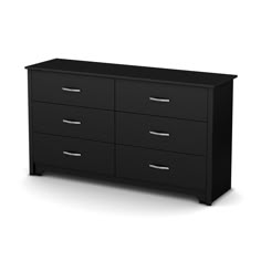 a black dresser with four drawers and two doors on each side, in front of a white background