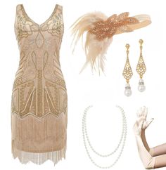 PRICES MAY VARY. Package Includes: Flapper dress * 1pc and one flapper set (including Headband * 1pc; Necklace * 1pc; Gloves * 1 pair; Earrings * 1 pair; Plastic Holder * 1pc.) Material: This 20's gatsby dress is made of Polyester fabric and soft fringe, beads & sequins. Size: Please refer to the “Dress Size Chart” on the last image for your best fit before purchasing. Headband is one size with elastic or ribbon band; Necklace length-55"; Gloves length-21.6"; Plastic holder length-12.9". Design: 1920s Dress To Impress, Oldies Clothes, Roaring 20s Party Outfit, Gold Flapper Dress, Roaring 20s Dresses, Tassels Dress, 1920s Inspired Dresses, Elaborate Embroidery, Gold Flapper