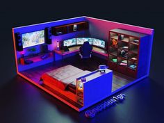 a computer room with two monitors and a bed in the middle is lit up at night