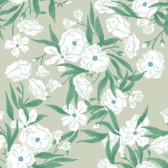 a green and white floral wallpaper with flowers on the side, in shades of blue