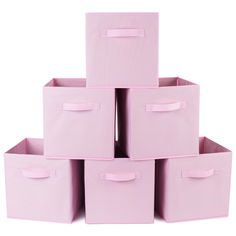 six pink storage bins stacked on top of each other with one open and two closed