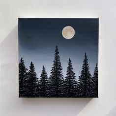 an acrylic painting of pine trees with the moon in the sky above them