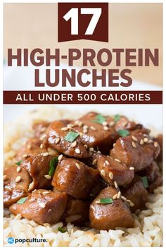 an advertisement for high protein lunches featuring chicken and rice