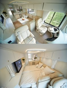 the interior and exterior of an airplane that has been converted to look like a bedroom