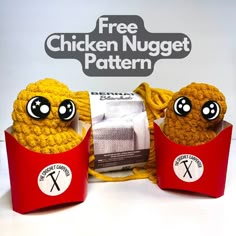 two crocheted stuffed animals in red boxes with free chicken nugget pattern