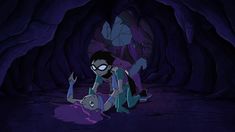 a cartoon character laying on the ground in front of a cave with another character looking at her