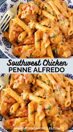 two pictures of chicken penne alfredo in a blue and white bowl with a fork