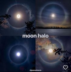 the moon halo is shown in three different pictures, and it appears to be very bright