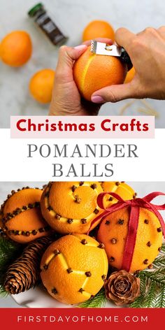 Creating channels in oranges and finished orange pomanders studded with cloves. Text overlay reads "Christmas Crafts Pomander Balls". Family Christmas Crafts, Sustainable Christmas Decorations, Orange Pomanders, Zero Waste Christmas, Pomander Balls, How To Make Orange, Orange Clove, Sustainable Christmas, Orange Christmas