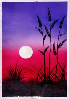 a painting of some plants in front of a purple and pink sky with the moon