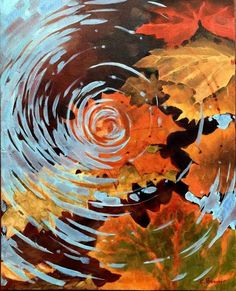 an abstract painting of leaves floating in water with ripples on the surface and swirling around them