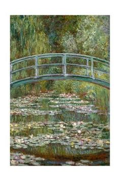 a painting of a bridge over a pond with water lilies