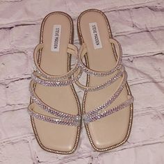 Steve Madden Rhinestone Strap Sandal Silver Bedazzled Flat Sandals, Silver Embellished Flat Sandals, Silver Flat Sandals With Bling, Silver Flat Sandals With Rhinestones, Latina Sandals, Sparkle Chanclas, Sparkly Chanclas, Sparkly Sandals, Fancy Heels