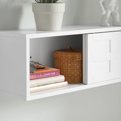 a white shelf with some books and a potted plant