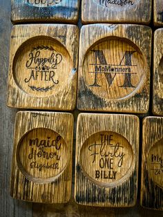 wooden coasters with different designs on them that say the name of each person and date