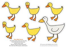 some yellow ducks and one white duck are standing in the middle of an image with words on