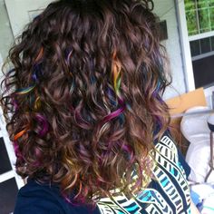 Underpart Hair Dye, Curly Shag Haircut Medium No Bangs, Purple Hair Highlights On Black Hair, Curly Hair Vivid Color, Curly Hair With Colored Highlights, Curly Hair Dyed Tips, Curly Hair Under Dye, Peekaboo Highlights Curly Hair