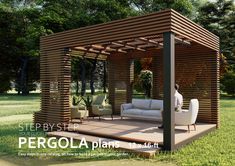 a person sitting on a white couch under a wooden pergola with trees in the background