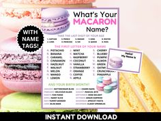 an advertisement for macaron cakes with the words, what's your macaron name?