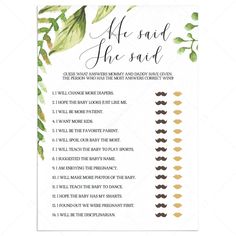 Mom and dad quiz for greenery baby shower download by LittleSizzle He Said She Said Game, Green Baby Shower Invitations, Green Bridal Showers, Baby Shower Game Cards, I Loved You First, Garden Baby Showers, Baby Sprinkle Invitations, He Said She Said, Sprinkle Invitations