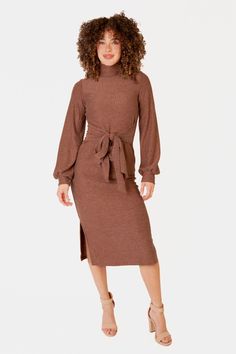 Chic Brown Knit Sweater Dress, Winter Ribbed Brown Sweater Dress, Winter Brown Ribbed Sweater Dress, Fall Ribbed Sweater Dress In Midi Length, Fall Ribbed Midi Dress, Ribbed Midi Dress For Fall, Brown Knit Sweater Dress For Spring, Brown Knit Dresses For Fall, Spring Brown Knit Sweater Dress