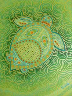 a painting of a sea turtle with swirls on it's back and sides