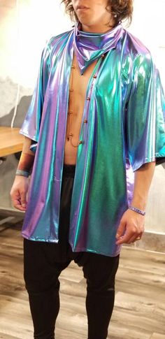 Men's Rave Kimono Holographic Jacket Iridescent - Etsy Holographic Mens Fashion, Rave Outfits Space, Mens Rave Outfits Techno, Rave Wear Men, Metallic Disco Outerwear For Spring, Mens Rave Fashion, Neon Rave Outfits Men, Space Outfit Men, Edc Outfits Ideas Men