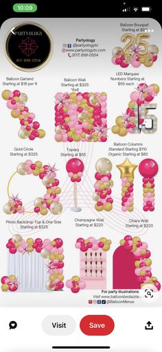 an iphone screen showing the different types of balloons and confetti in pink, gold and white