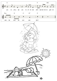 a sheet with music notes and an image of a person under an umbrella