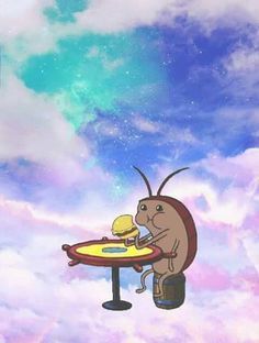 a cartoon character sitting at a table in the sky with food on it's plate