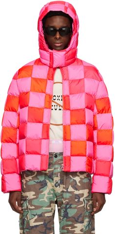 Pink & Red Gradient Checker Hooded Puffer Coat by ERL on Sale Cropped Puffer Jacket Outfit, Coat Check, Satin Coat, Red Gradient, Boutique Ideas, Conceptual Fashion, Winter Closet, Winter Styles, Pink Quilts