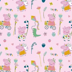 peppa pig pattern on pink background with flowers and other things in the foreground