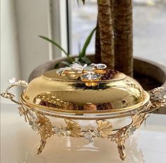 a gold covered dish sitting on top of a white table next to a potted plant