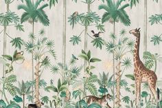 a giraffe, zebras and other animals in a jungle wallpaper design