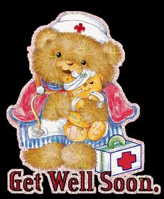 a teddy bear with a nurse hat on holding a baby in its arms and the words get well soon