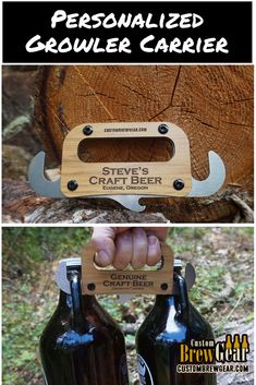 a bottle opener with the words personalized growl beer on it, and an image of a