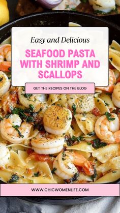 seafood pasta with shrimp and scallops in a skillet