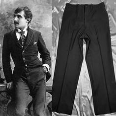 "EDWARDIAN 1910-1920s MENS TUXEDO TROUSERS. A HANDSOME WOOL PANT, IN A JET BLACK COLOR,  WITH CLASSIC TUXEDO SIDE STRIPING. FEATURES A FLAT FRONT, AND 4 POCKETS (two front slide in, two back slide with one button up). TRADITIONAL BUTTON FLY. INNER COTTON WAISTBAND AND POCKET LININGS. (SEE BELOW FOR CONDITION COMMENTS).  *NOTE: I do have the many other vests and coat tails for sale in my shop if you're interested!  SIZE/MEASUREMENTS: PANTS: 34\" WAIST  (these were taken in along the upper back seam-enough fabric to release that would allow for a 36 inch waist)  43-44\" SEAT / HIPS  14\" RISE 29.5\" INSEAM/LENGTH (measurement down to the pressed fold line-then another 3.25\" below that, to the raw edge) Button fly (plus suspender buttons)  CONDITION: FRESHLY DRY CLEANED. PRE OWNED ANTIQUE CO Vintage Tailored Bottoms With Pockets, Tailored Vintage Bottoms With Pockets, Classic Fitted Breeches With Pockets, Vintage Tailored Tapered Leg Bottoms, Vintage Dress Pants With Tapered Leg And Belt Loops, Vintage Dress Pants With Tapered Leg, Vintage Tailored Bottoms With Tapered Leg, Vintage Tailored Trousers, Vintage Tapered Leg Dress Pants With Belt Loops