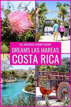 the costa rica resort in costa rica is featured with pink flowers and people walking around