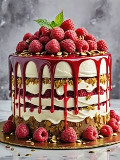 a cake with raspberries on top and drizzled in white icing