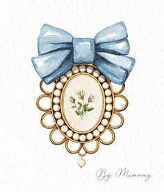 a watercolor painting of a blue bow on a brooch with pearls and flowers