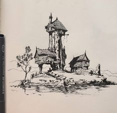 an ink drawing of a castle on top of a hill next to a body of water