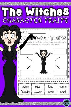 the witches character worksheet with an image of a woman in a black dress